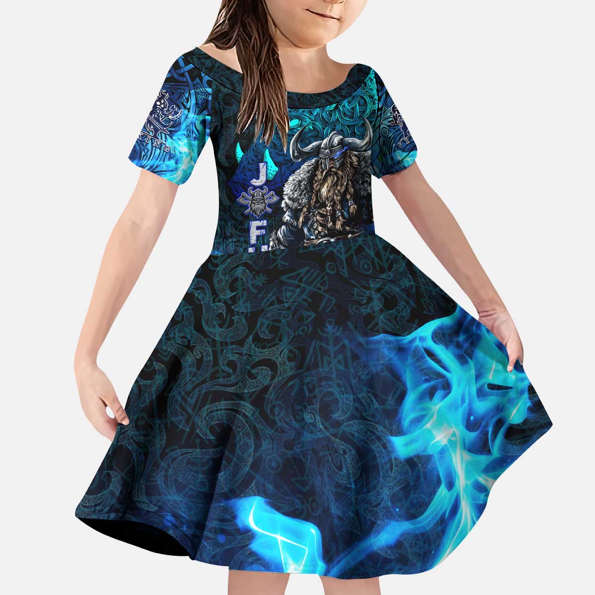 Jofurr Boar Warrior Viking Kid Short Sleeve Dress Frost Viking Runes Blue Flame