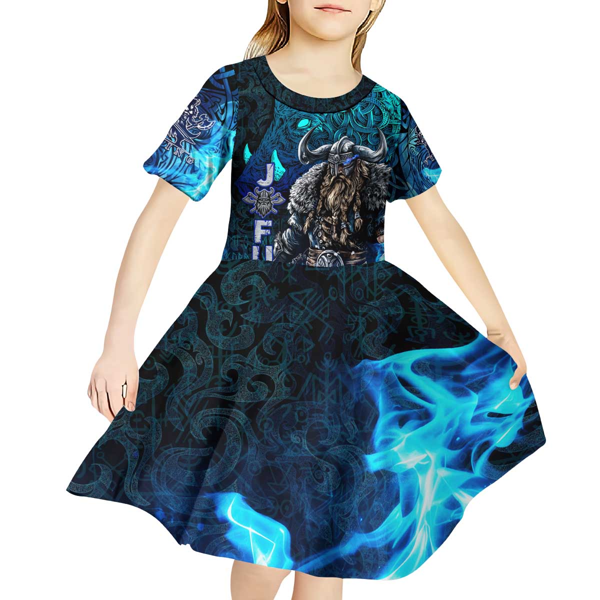 Jofurr Boar Warrior Viking Kid Short Sleeve Dress Frost Viking Runes Blue Flame