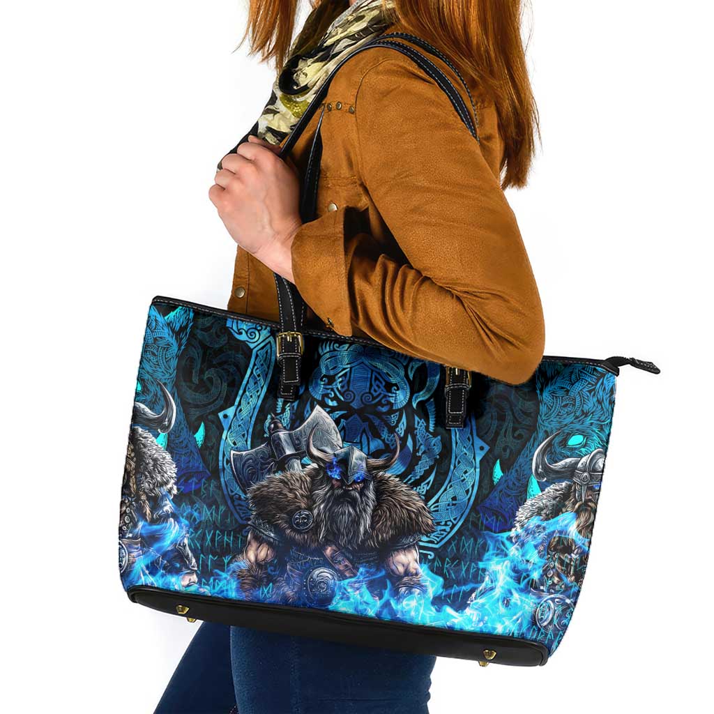 Jofurr Boar Warrior Viking Leather Tote Bag Frost Viking Runes Blue Flame