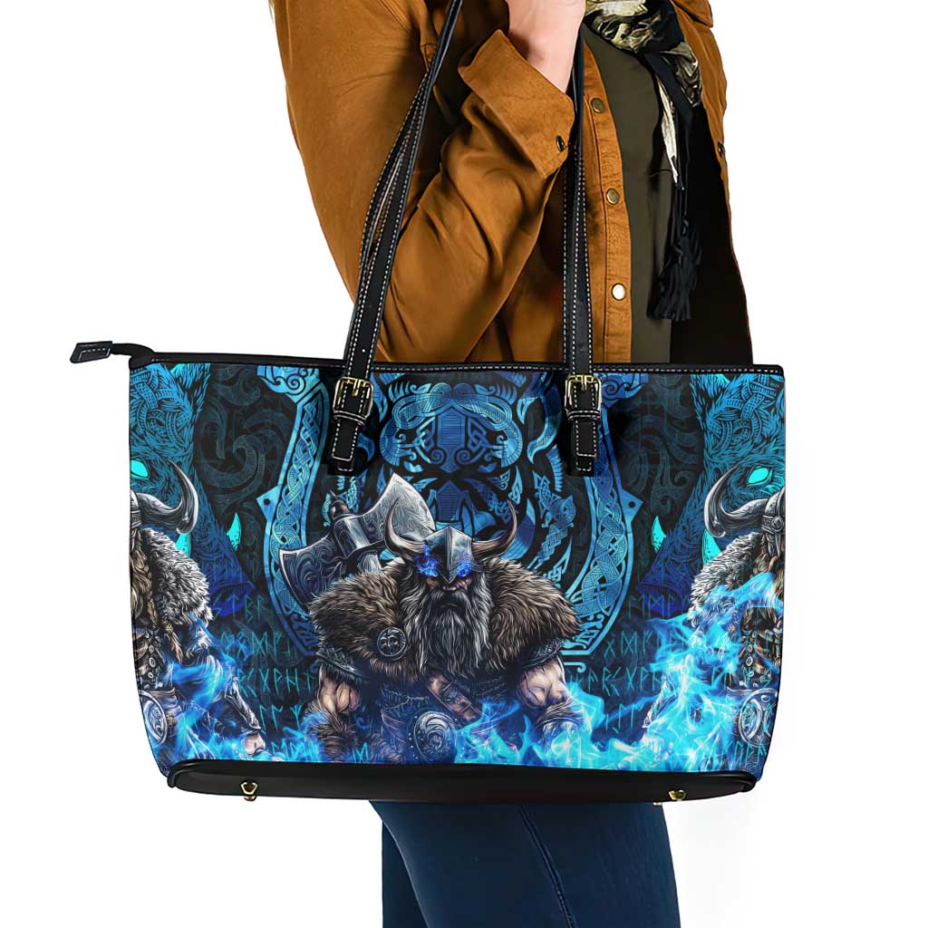 Jofurr Boar Warrior Viking Leather Tote Bag Frost Viking Runes Blue Flame