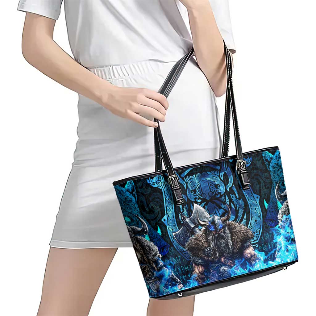 Jofurr Boar Warrior Viking Leather Tote Bag Frost Viking Runes Blue Flame