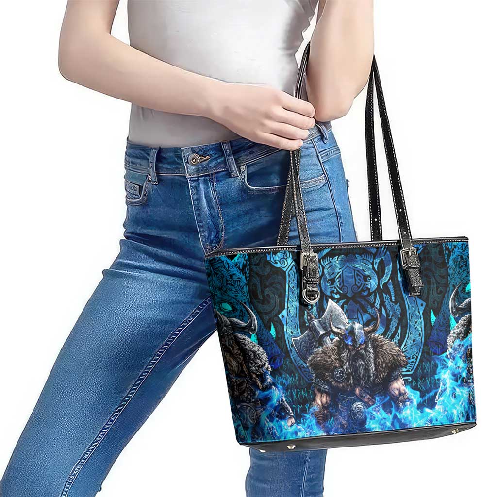 Jofurr Boar Warrior Viking Leather Tote Bag Frost Viking Runes Blue Flame