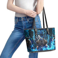 Jofurr Boar Warrior Viking Leather Tote Bag Frost Viking Runes Blue Flame