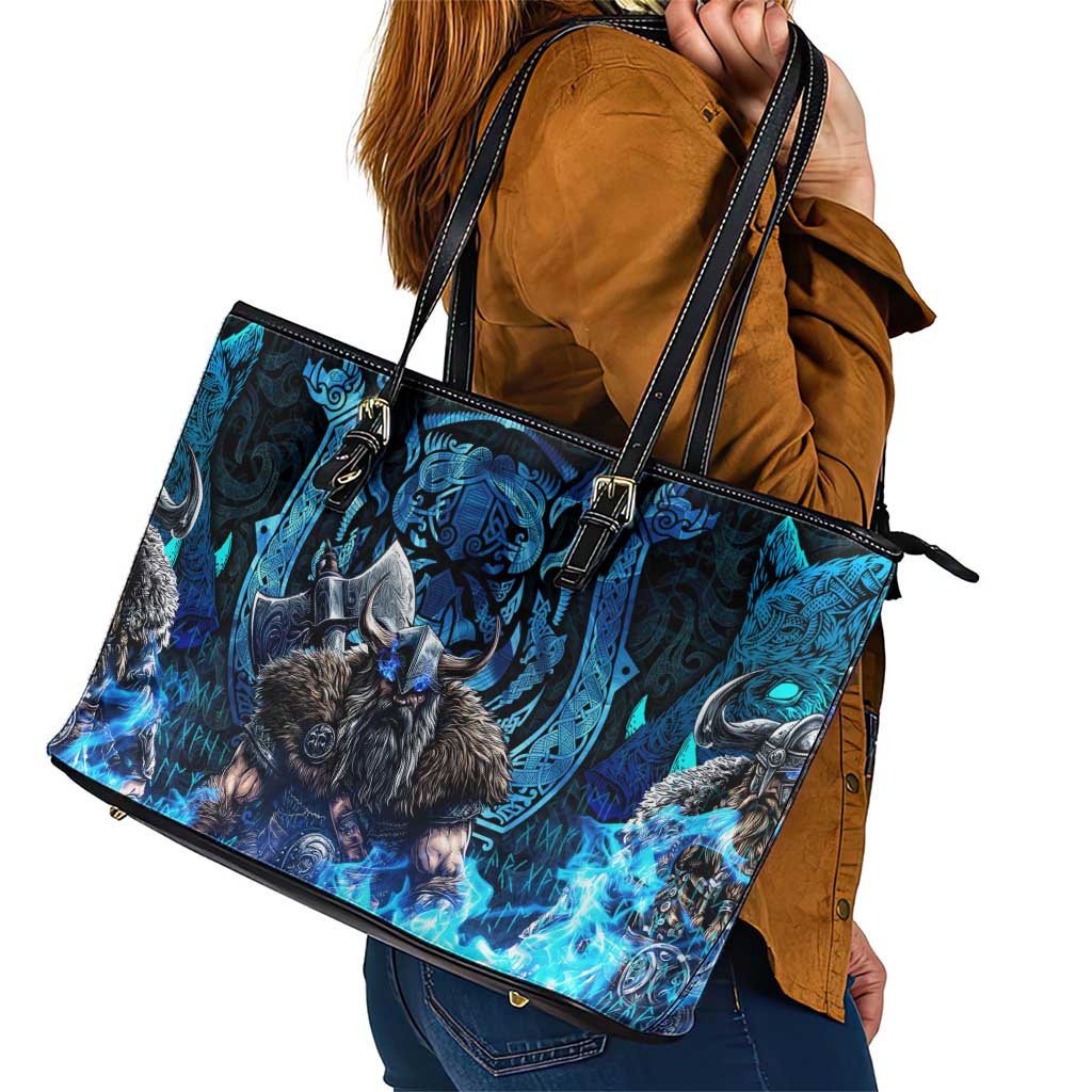 Jofurr Boar Warrior Viking Leather Tote Bag Frost Viking Runes Blue Flame