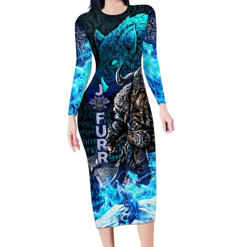Jofurr Boar Warrior Viking Long Sleeve Bodycon Dress Frost Viking Runes Blue Flame