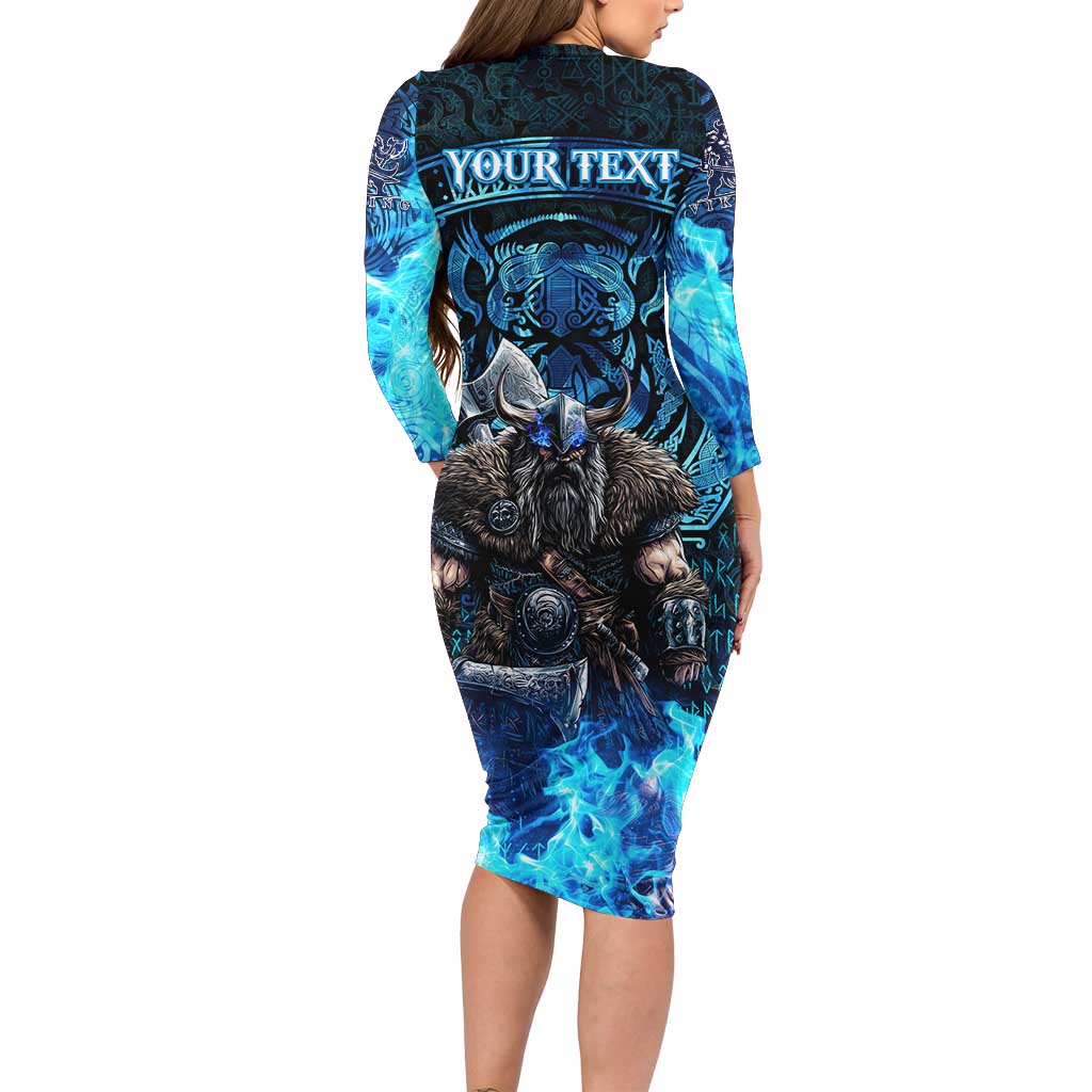 Jofurr Boar Warrior Viking Long Sleeve Bodycon Dress Frost Viking Runes Blue Flame
