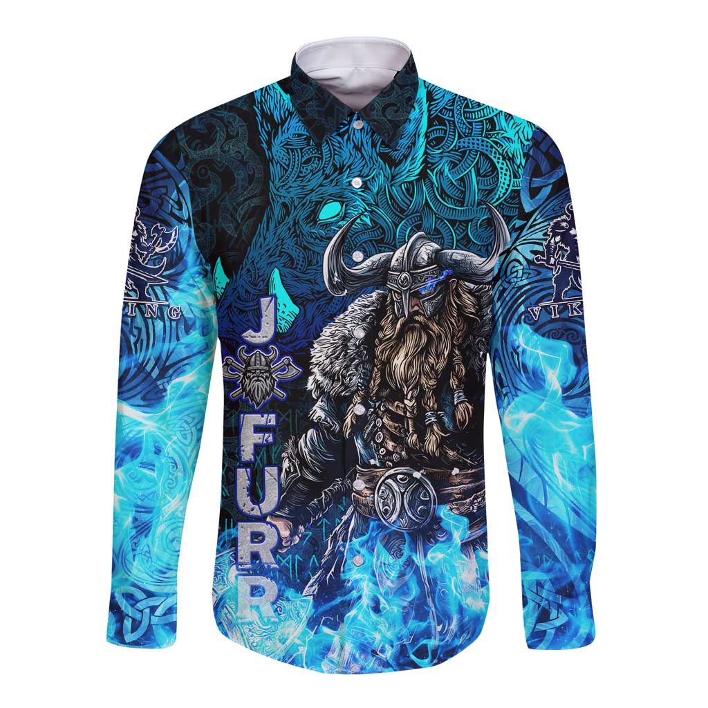 Jofurr Boar Warrior Viking Long Sleeve Button Shirt Frost Viking Runes Blue Flame