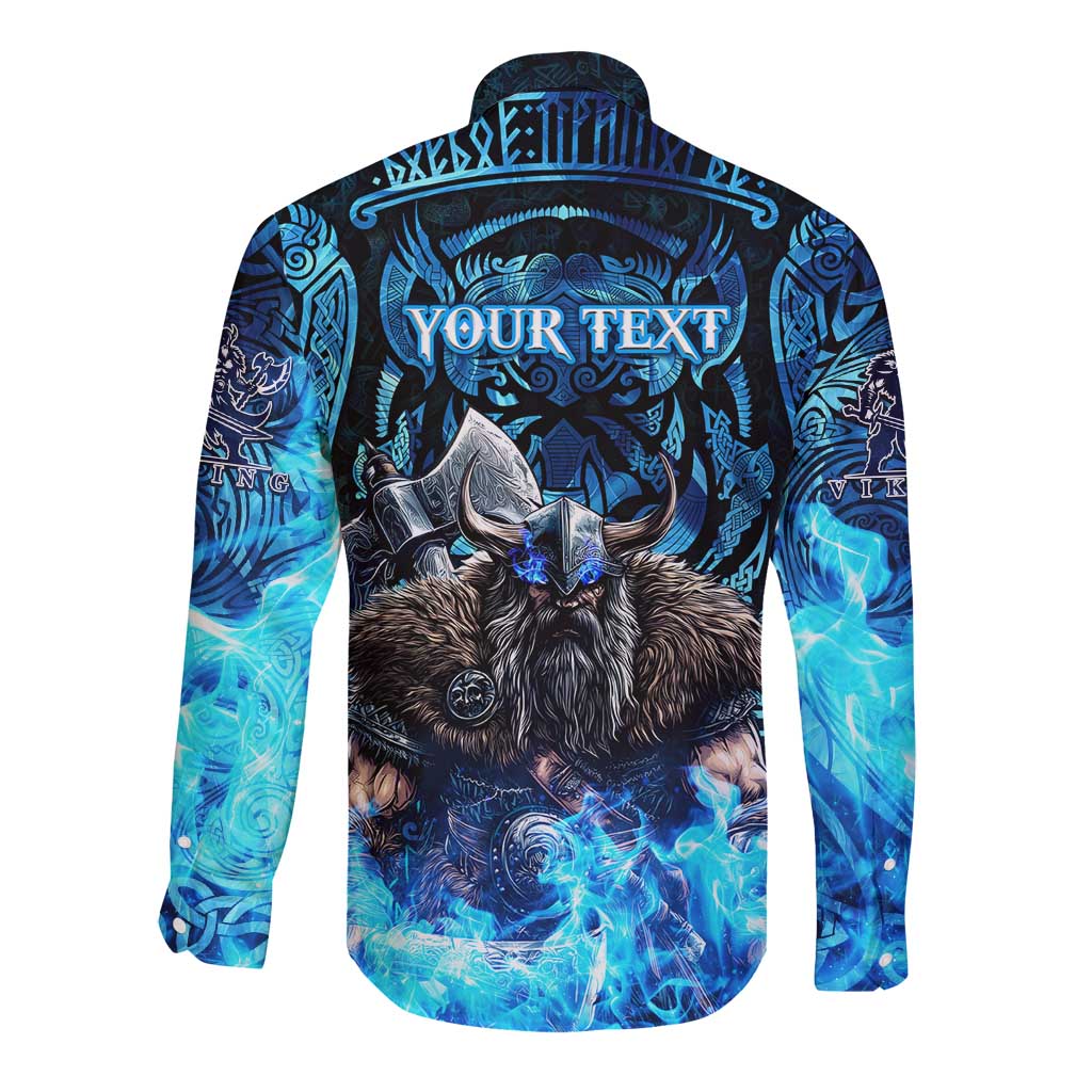 Jofurr Boar Warrior Viking Long Sleeve Button Shirt Frost Viking Runes Blue Flame