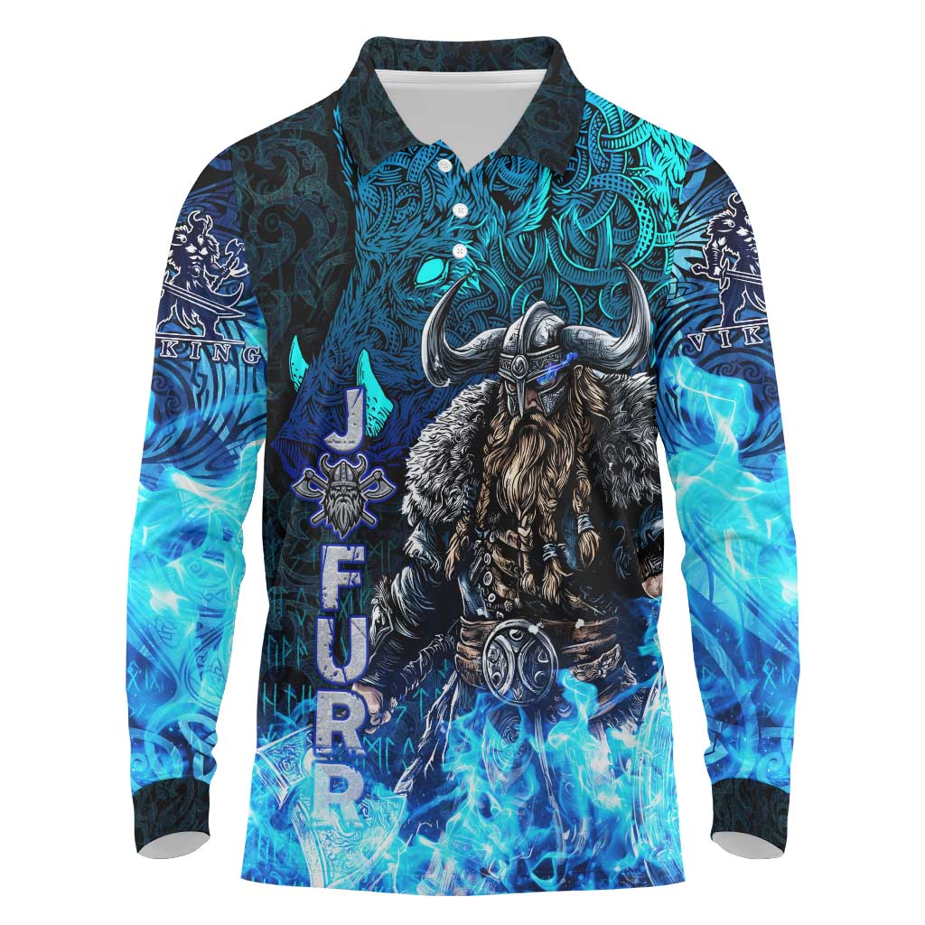 Jofurr Boar Warrior Viking Long Sleeve Polo Shirt Frost Viking Runes Blue Flame