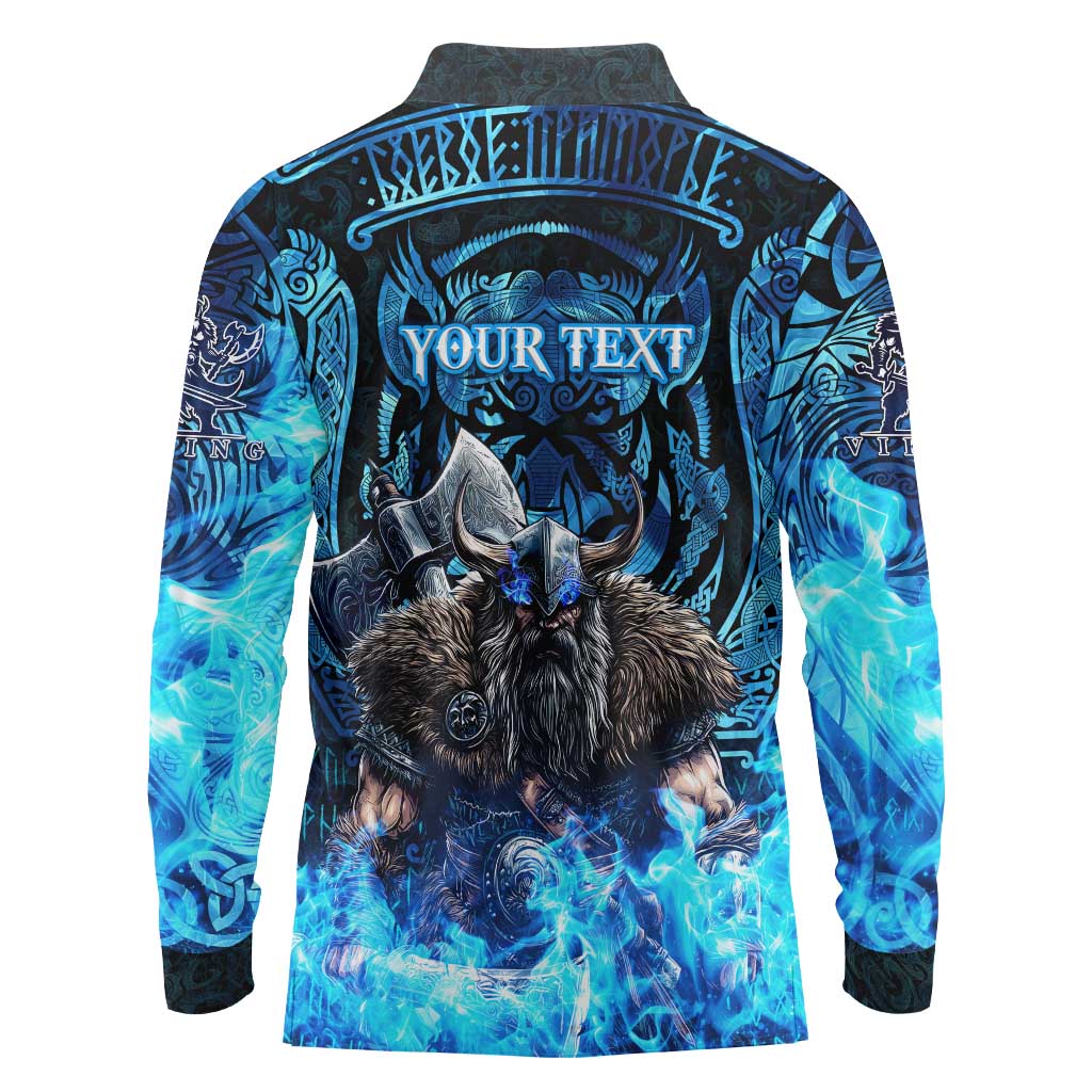 Jofurr Boar Warrior Viking Long Sleeve Polo Shirt Frost Viking Runes Blue Flame
