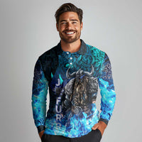 Jofurr Boar Warrior Viking Long Sleeve Polo Shirt Frost Viking Runes Blue Flame