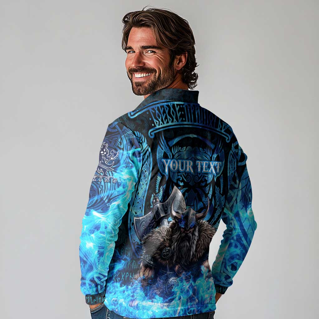 Jofurr Boar Warrior Viking Long Sleeve Polo Shirt Frost Viking Runes Blue Flame