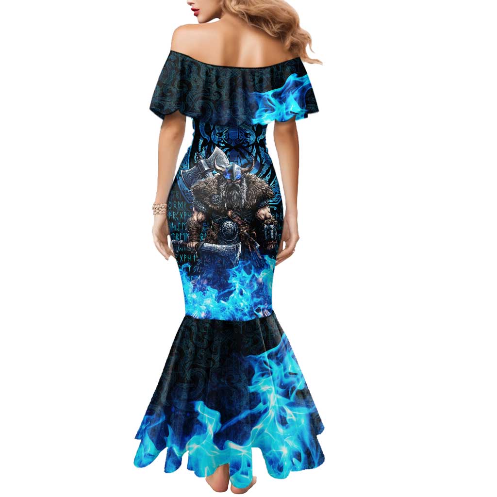 Jofurr Boar Warrior Viking Mermaid Dress Frost Viking Runes Blue Flame