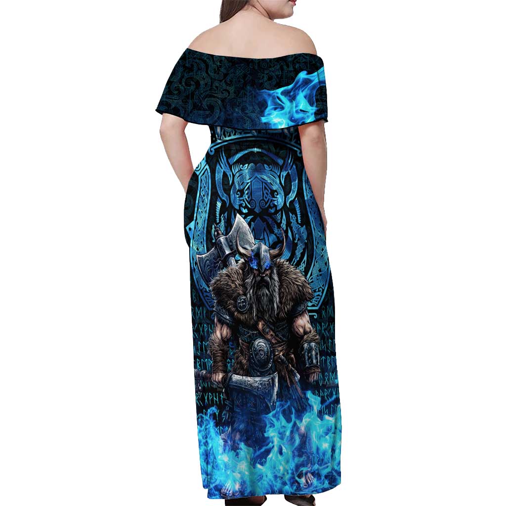 Jofurr Boar Warrior Viking Off Shoulder Maxi Dress Frost Viking Runes Blue Flame