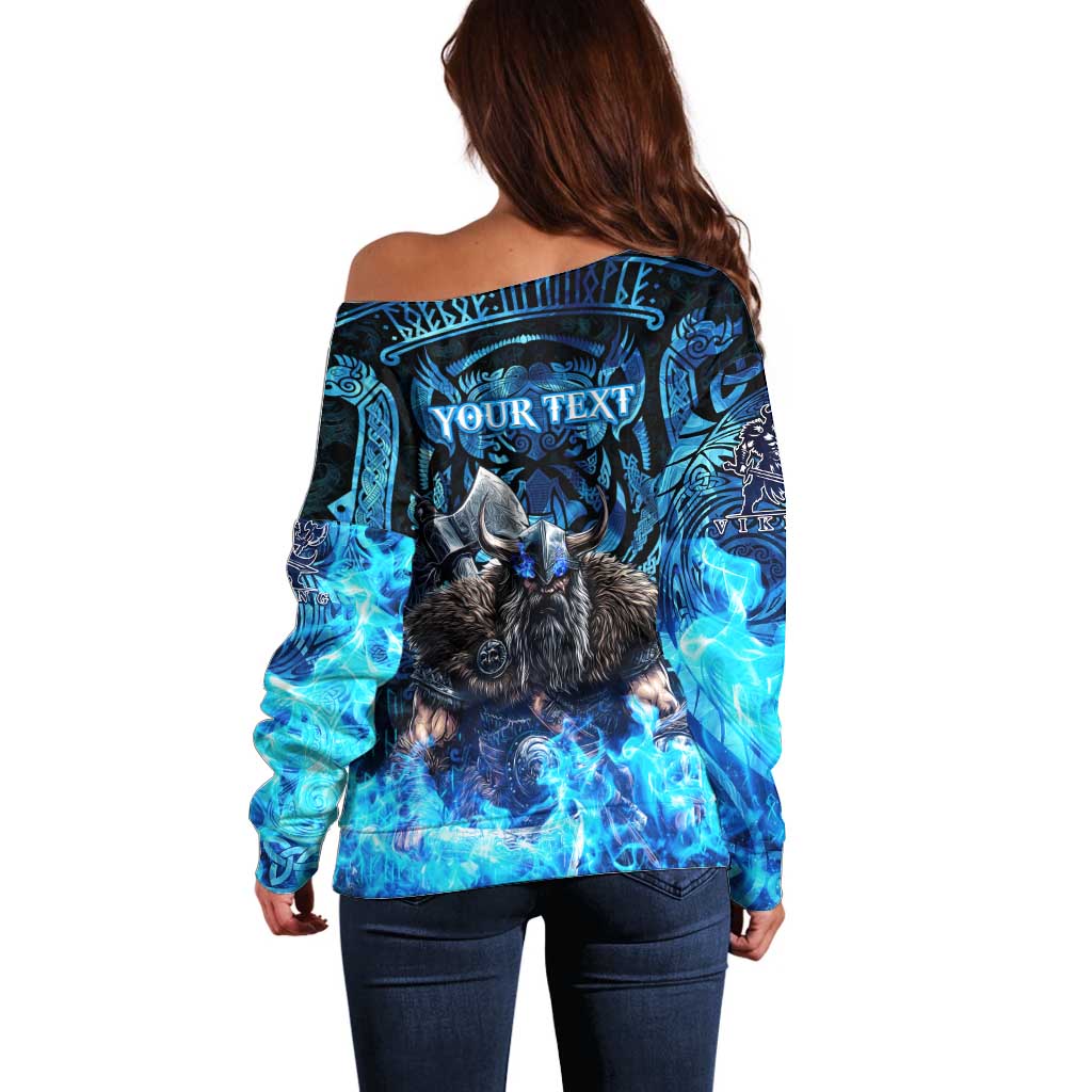 Jofurr Boar Warrior Viking Off Shoulder Sweater Frost Viking Runes Blue Flame