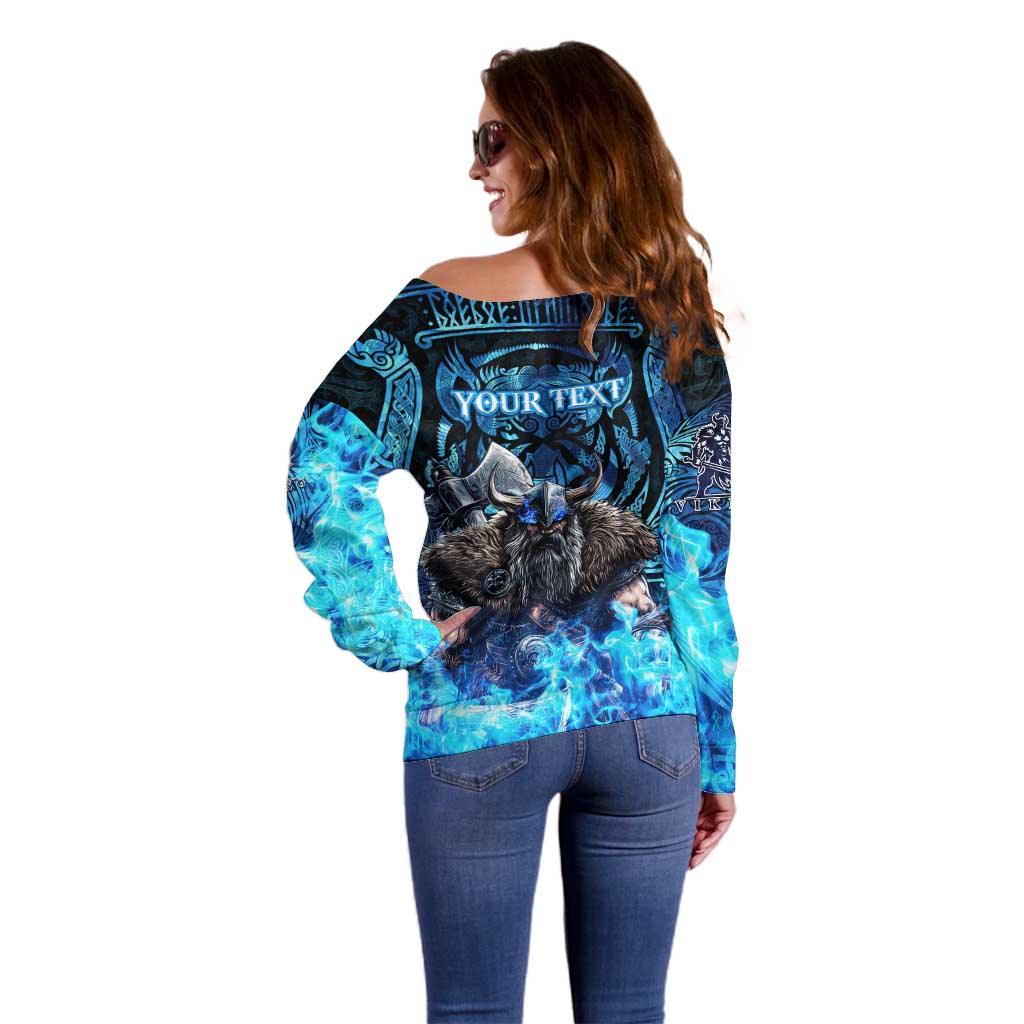 Jofurr Boar Warrior Viking Off Shoulder Sweater Frost Viking Runes Blue Flame
