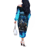 Jofurr Boar Warrior Viking Off The Shoulder Long Sleeve Dress Frost Viking Runes Blue Flame