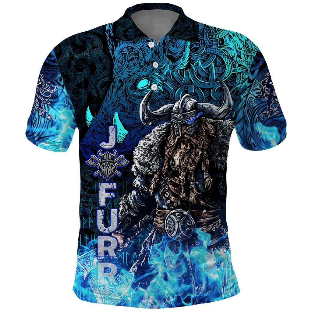 Jofurr Boar Warrior Viking Polo Shirt Frost Viking Runes Blue Flame