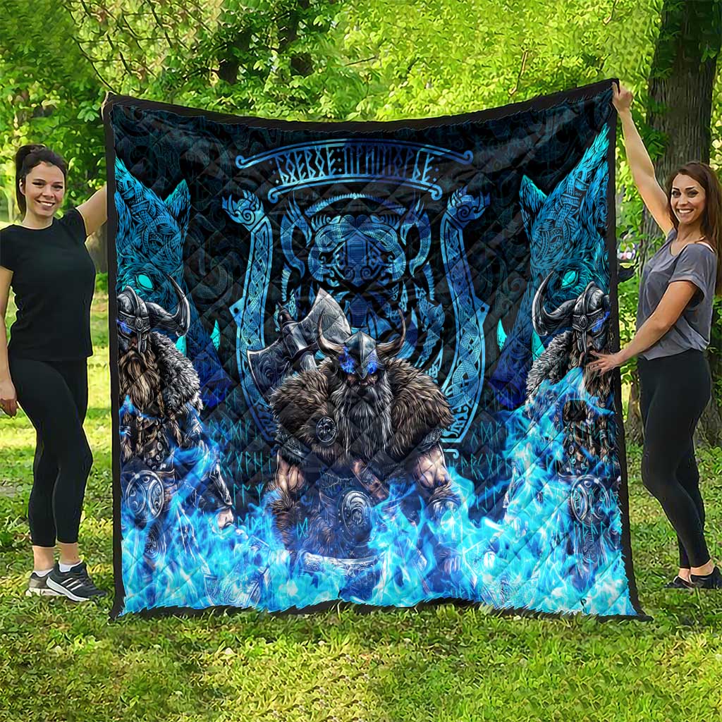 Jofurr Boar Warrior Viking Quilt Frost Viking Runes Blue Flame