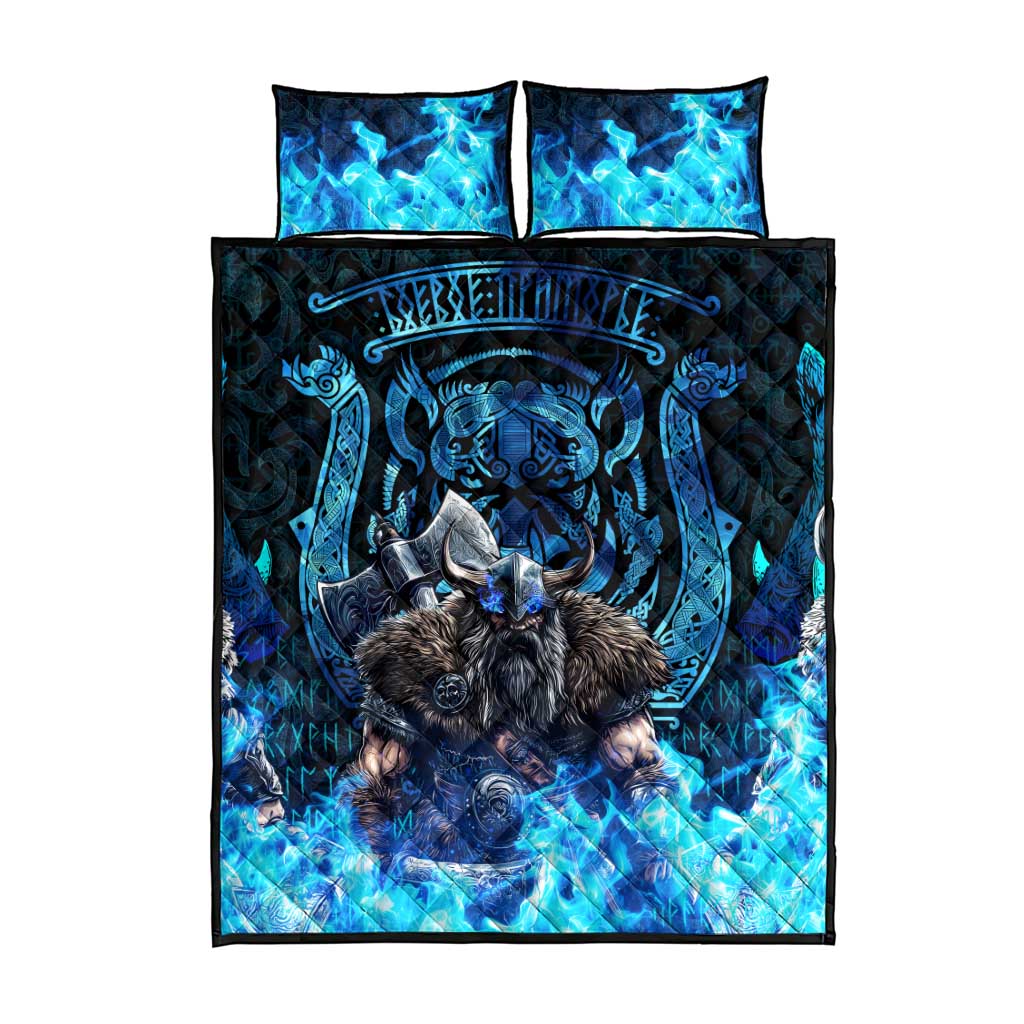 Jofurr Boar Warrior Viking Quilt Bed Set Frost Viking Runes Blue Flame