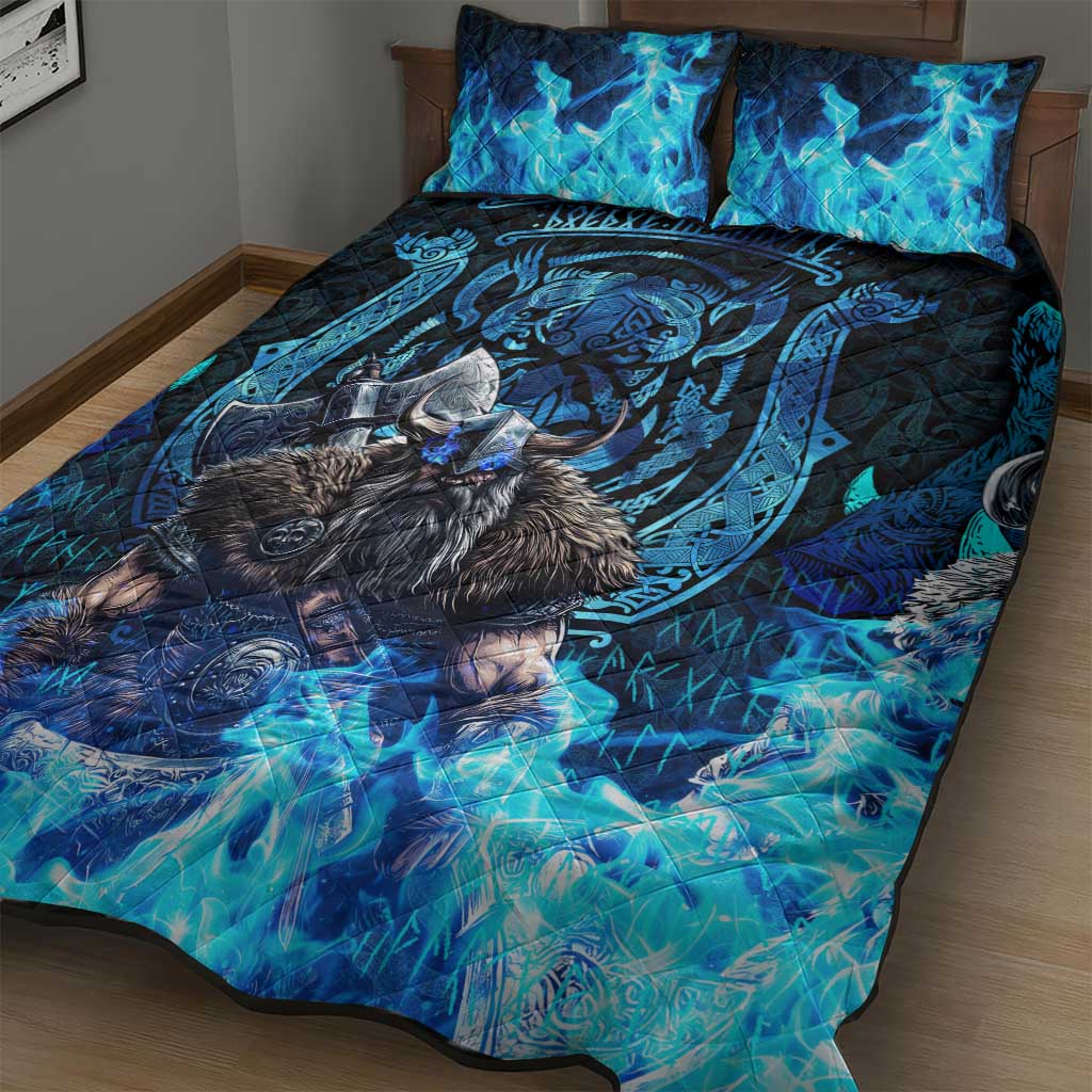 Jofurr Boar Warrior Viking Quilt Bed Set Frost Viking Runes Blue Flame