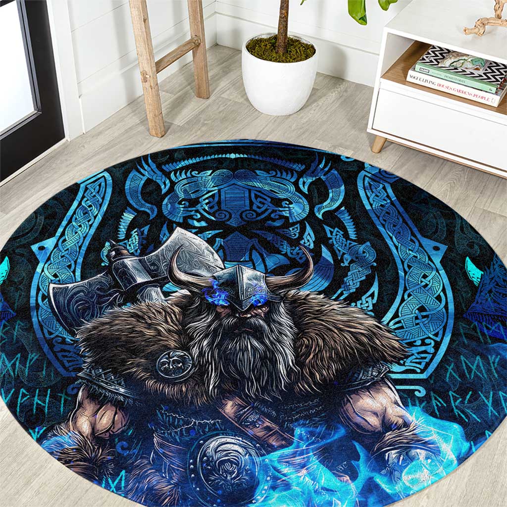 Jofurr Boar Warrior Viking Round Carpet Frost Viking Runes Blue Flame