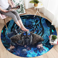 Jofurr Boar Warrior Viking Round Carpet Frost Viking Runes Blue Flame