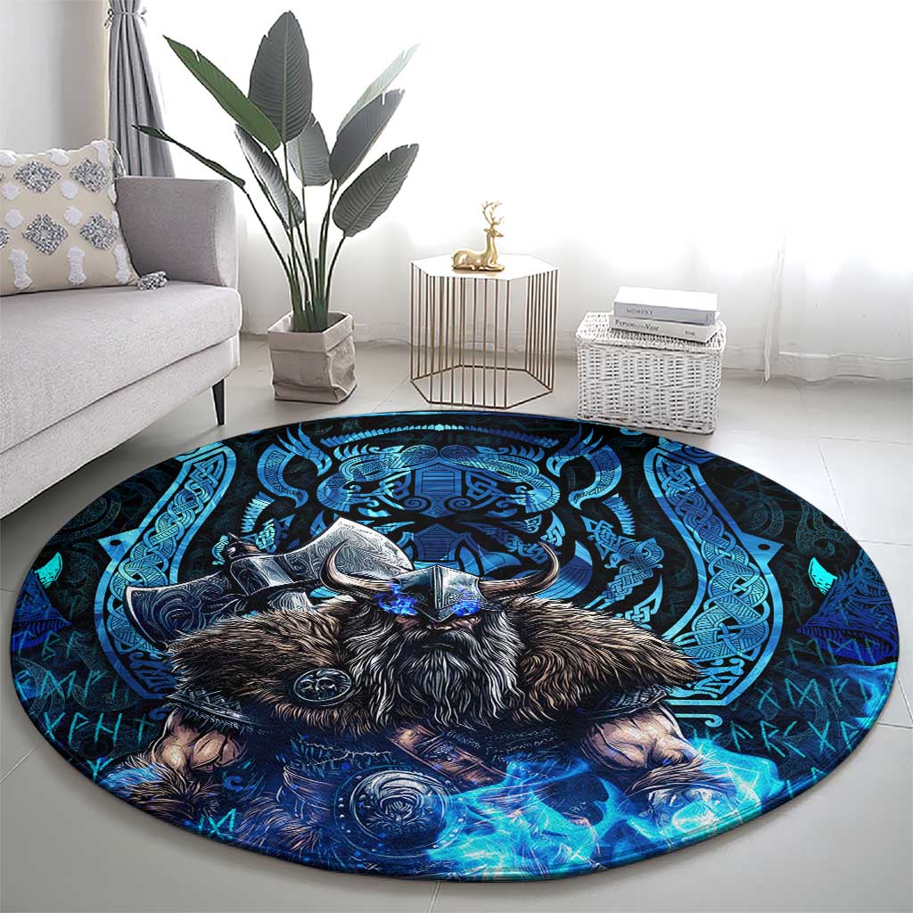 Jofurr Boar Warrior Viking Round Carpet Frost Viking Runes Blue Flame