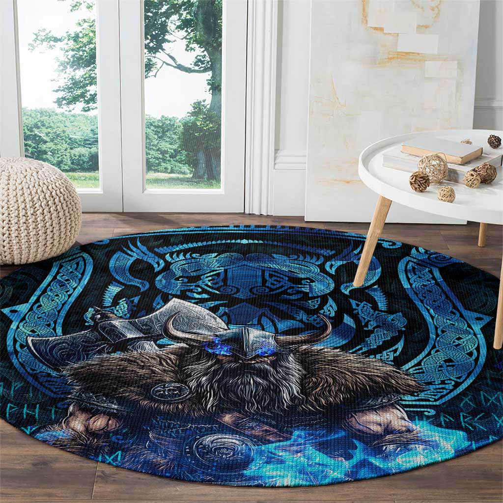 Jofurr Boar Warrior Viking Round Carpet Frost Viking Runes Blue Flame