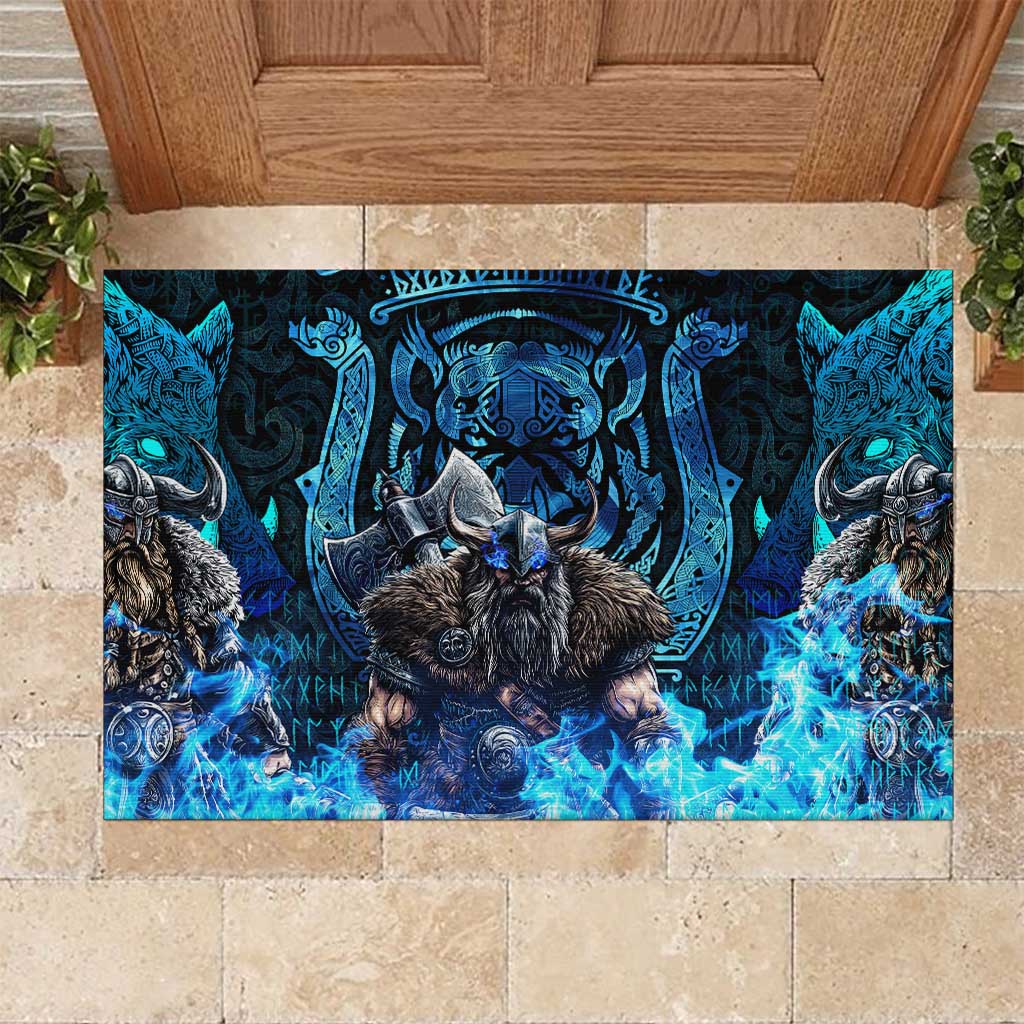 Jofurr Boar Warrior Viking Rubber Doormat Frost Viking Runes Blue Flame