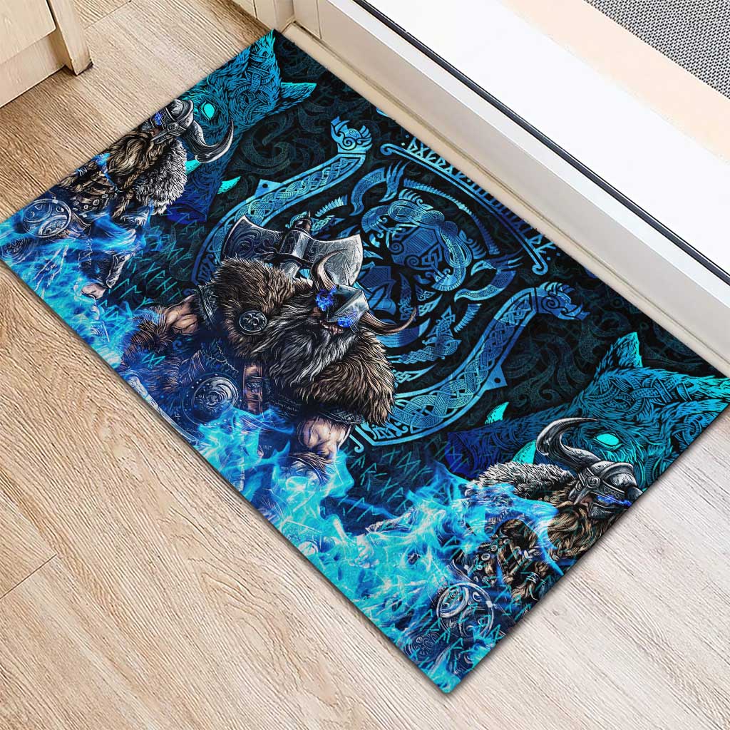Jofurr Boar Warrior Viking Rubber Doormat Frost Viking Runes Blue Flame