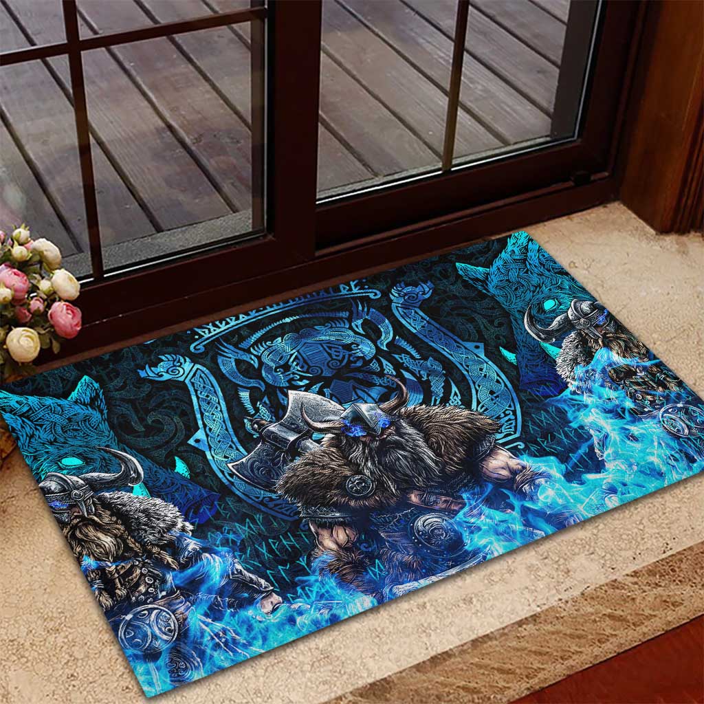 Jofurr Boar Warrior Viking Rubber Doormat Frost Viking Runes Blue Flame