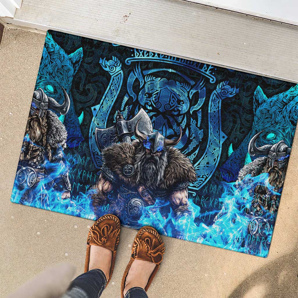 Jofurr Boar Warrior Viking Rubber Doormat Frost Viking Runes Blue Flame