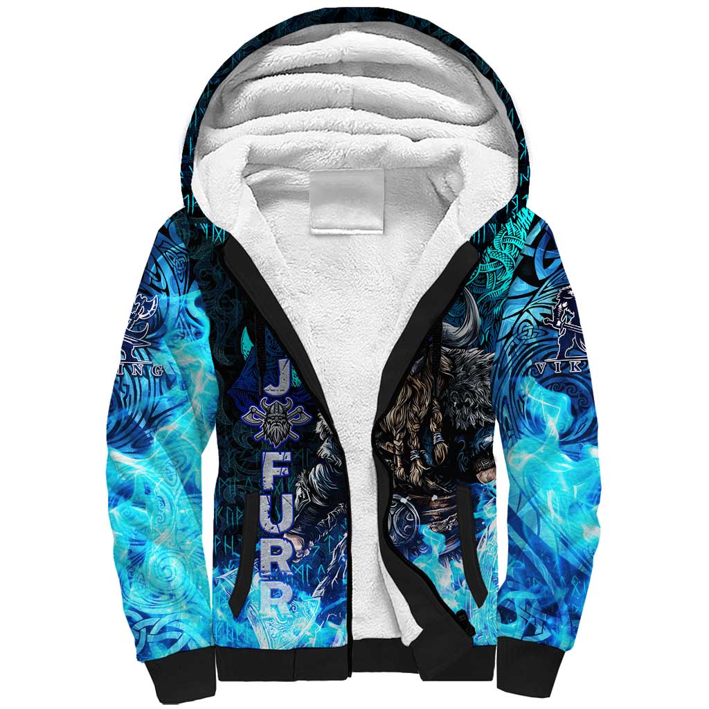 Jofurr Boar Warrior Viking Sherpa Hoodie Frost Viking Runes Blue Flame
