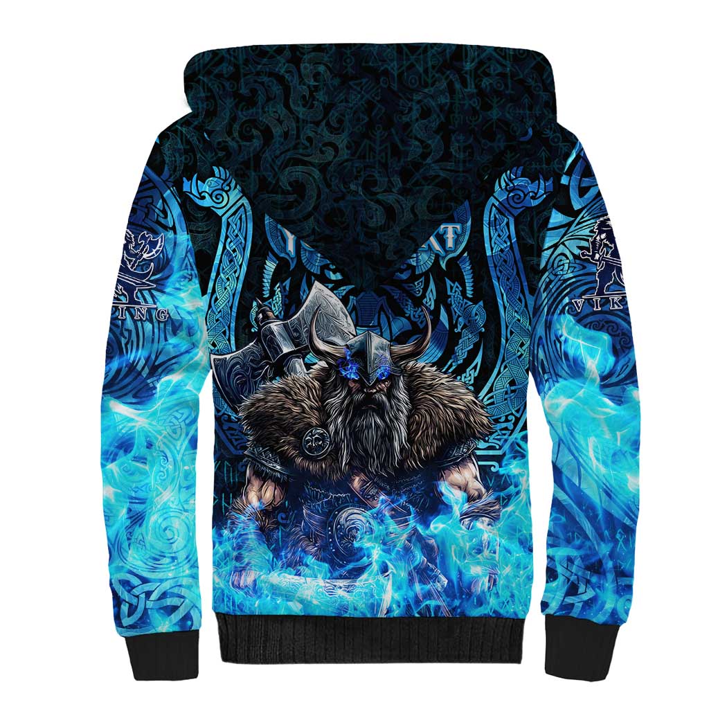 Jofurr Boar Warrior Viking Sherpa Hoodie Frost Viking Runes Blue Flame