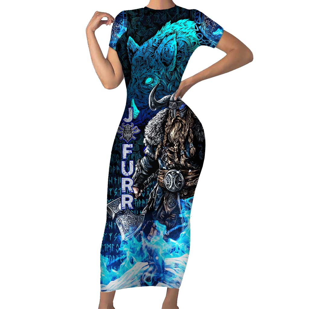 Jofurr Boar Warrior Viking Short Sleeve Bodycon Dress Frost Viking Runes Blue Flame