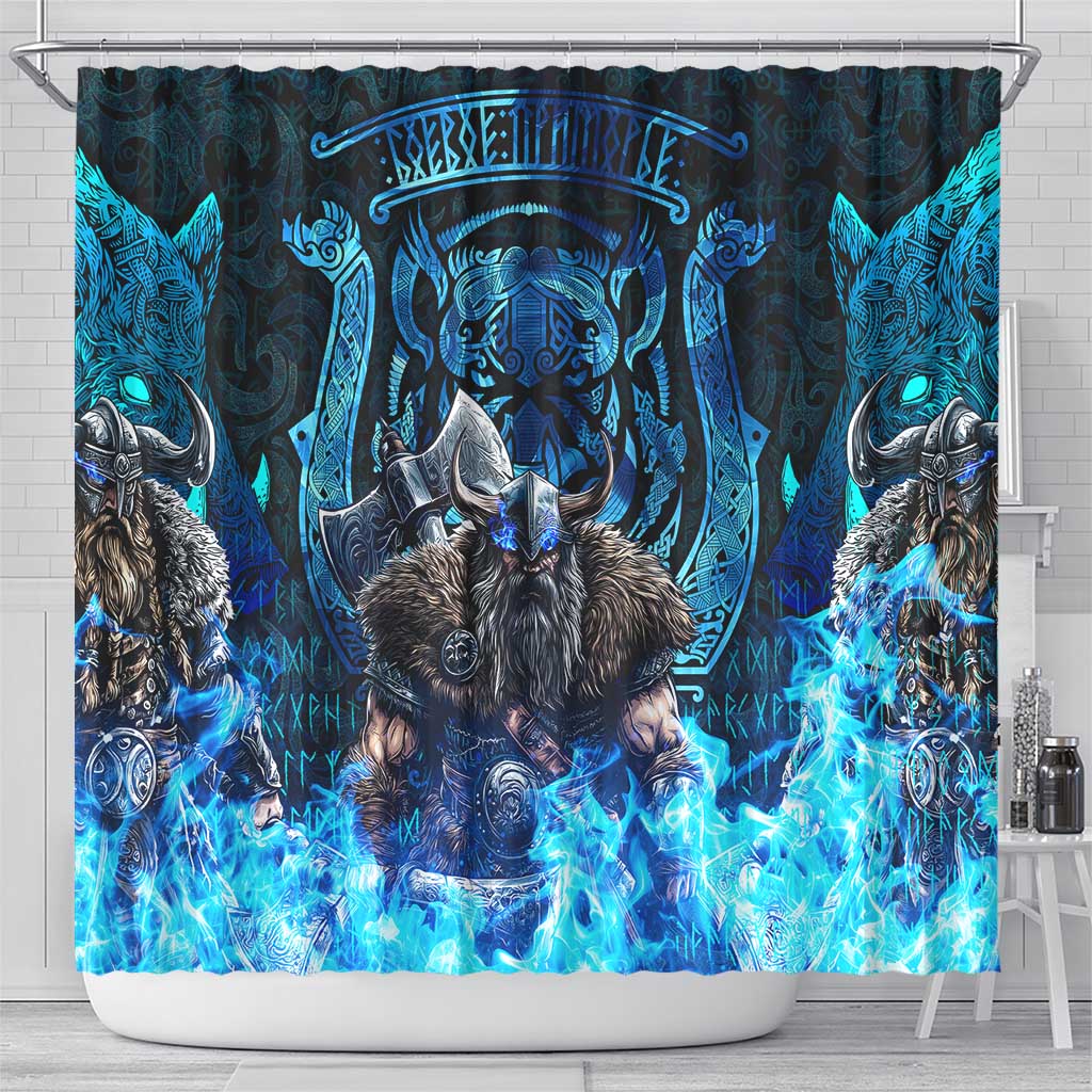 Jofurr Boar Warrior Viking Shower Curtain Frost Viking Runes Blue Flame