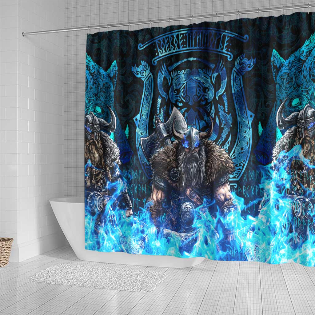 Jofurr Boar Warrior Viking Shower Curtain Frost Viking Runes Blue Flame