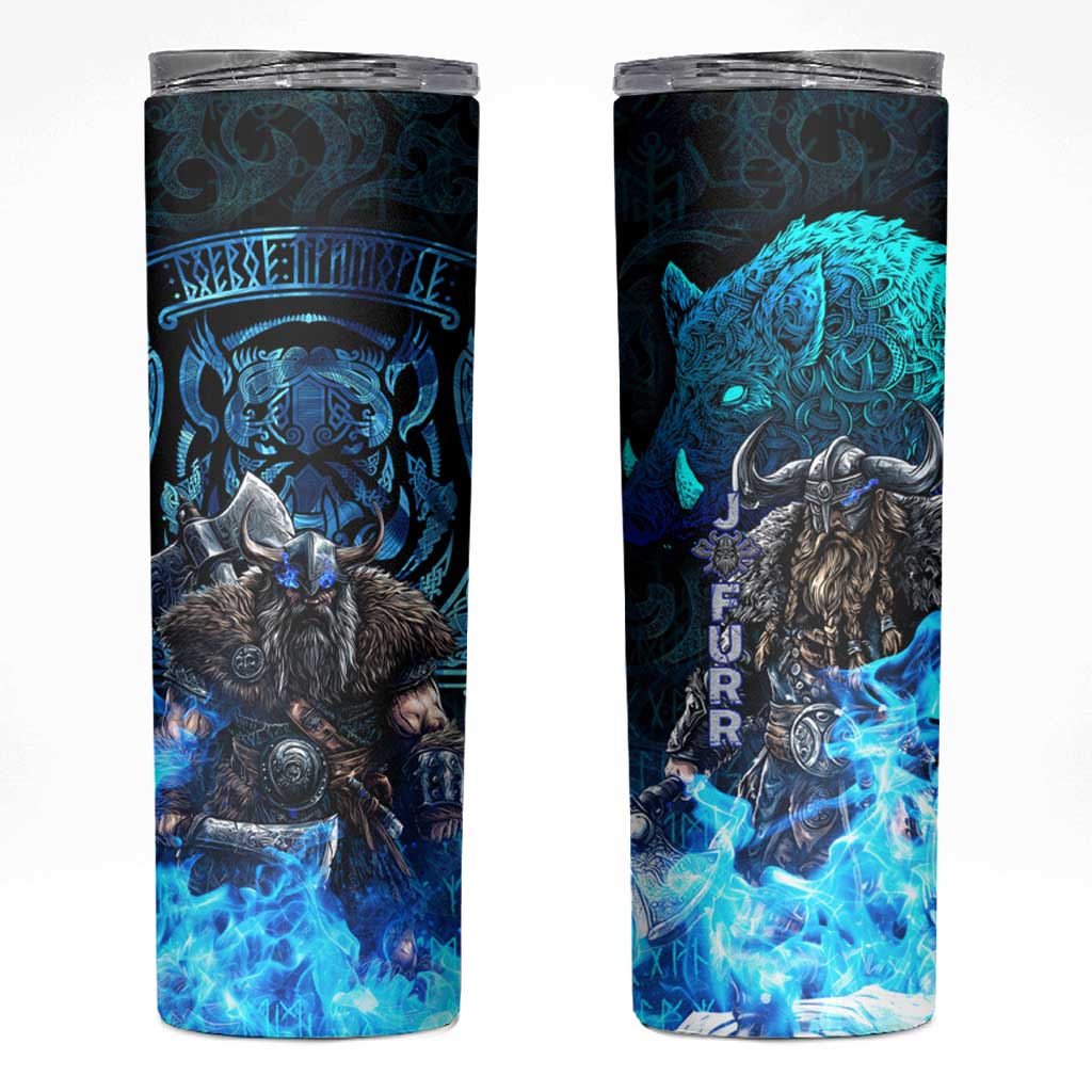 Jofurr Boar Warrior Viking Skinny Tumbler Frost Viking Runes Blue Flame