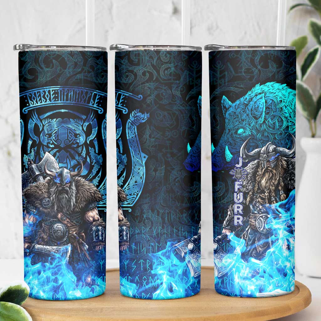Jofurr Boar Warrior Viking Skinny Tumbler Frost Viking Runes Blue Flame