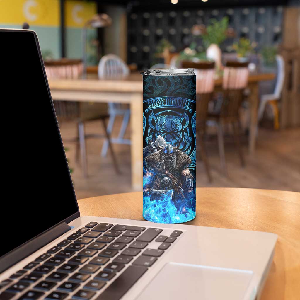 Jofurr Boar Warrior Viking Skinny Tumbler Frost Viking Runes Blue Flame