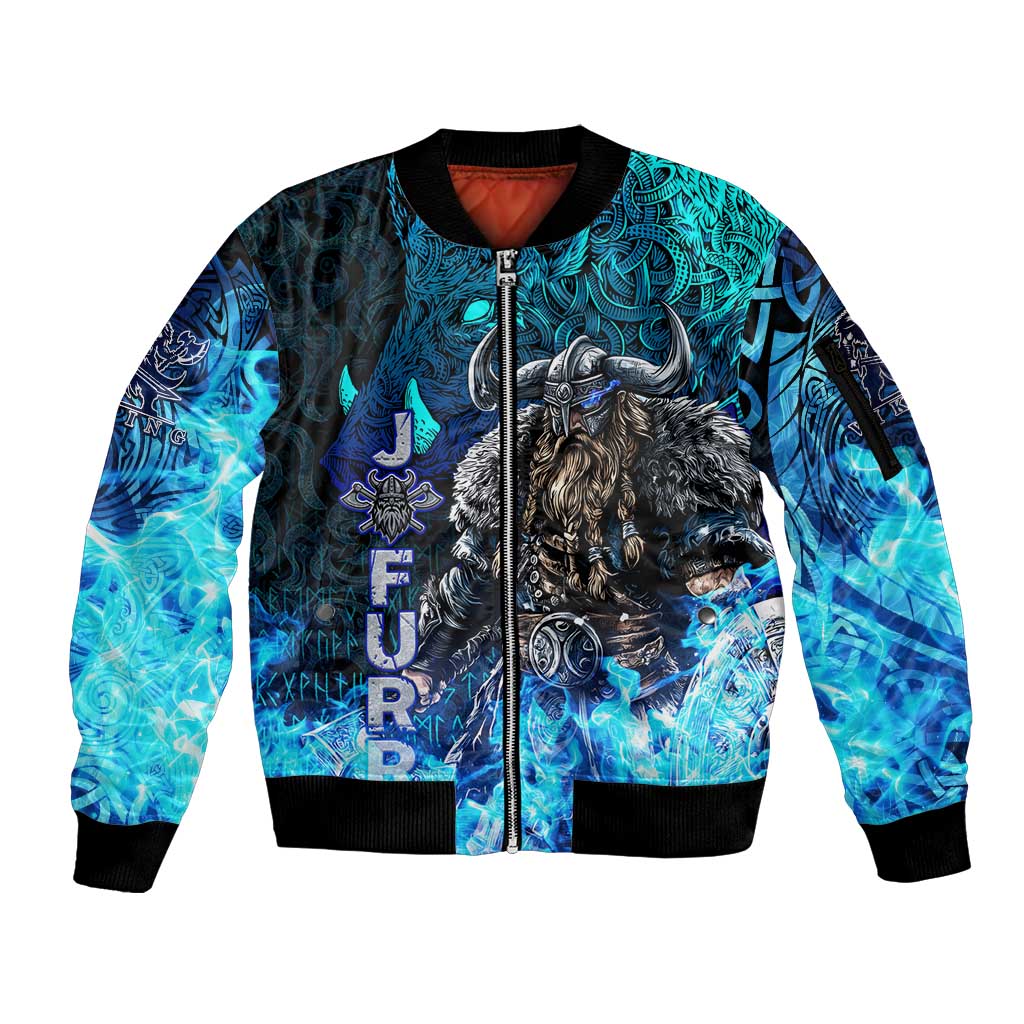 Jofurr Boar Warrior Viking Sleeve Zip Bomber Jacket Frost Viking Runes Blue Flame