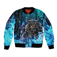 Jofurr Boar Warrior Viking Sleeve Zip Bomber Jacket Frost Viking Runes Blue Flame