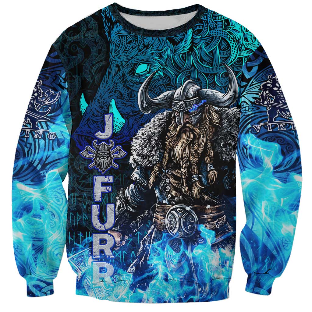 Jofurr Boar Warrior Viking Sweatshirt Frost Viking Runes Blue Flame