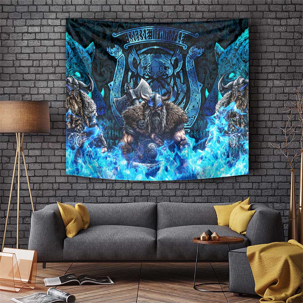 Jofurr Boar Warrior Viking Tapestry Frost Viking Runes Blue Flame