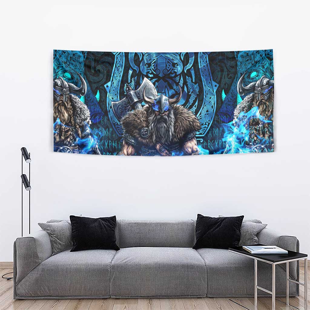 Jofurr Boar Warrior Viking Tapestry Frost Viking Runes Blue Flame