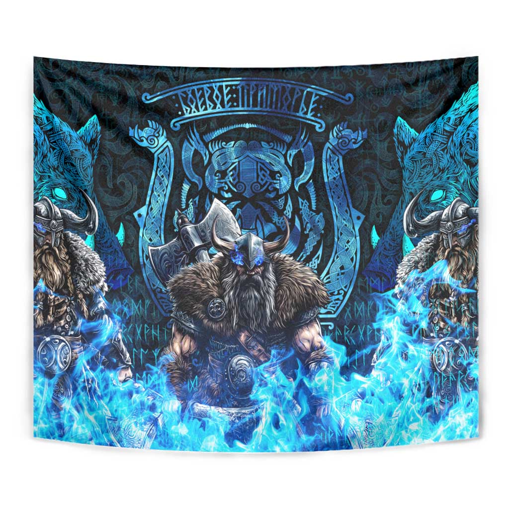 Jofurr Boar Warrior Viking Tapestry Frost Viking Runes Blue Flame