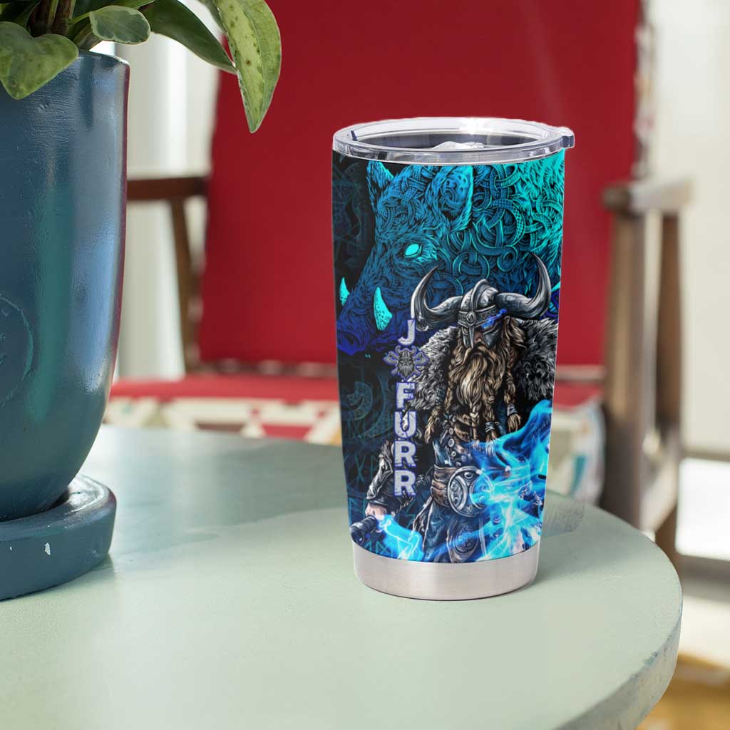 Jofurr Boar Warrior Viking Tumbler Cup Frost Viking Runes Blue Flame