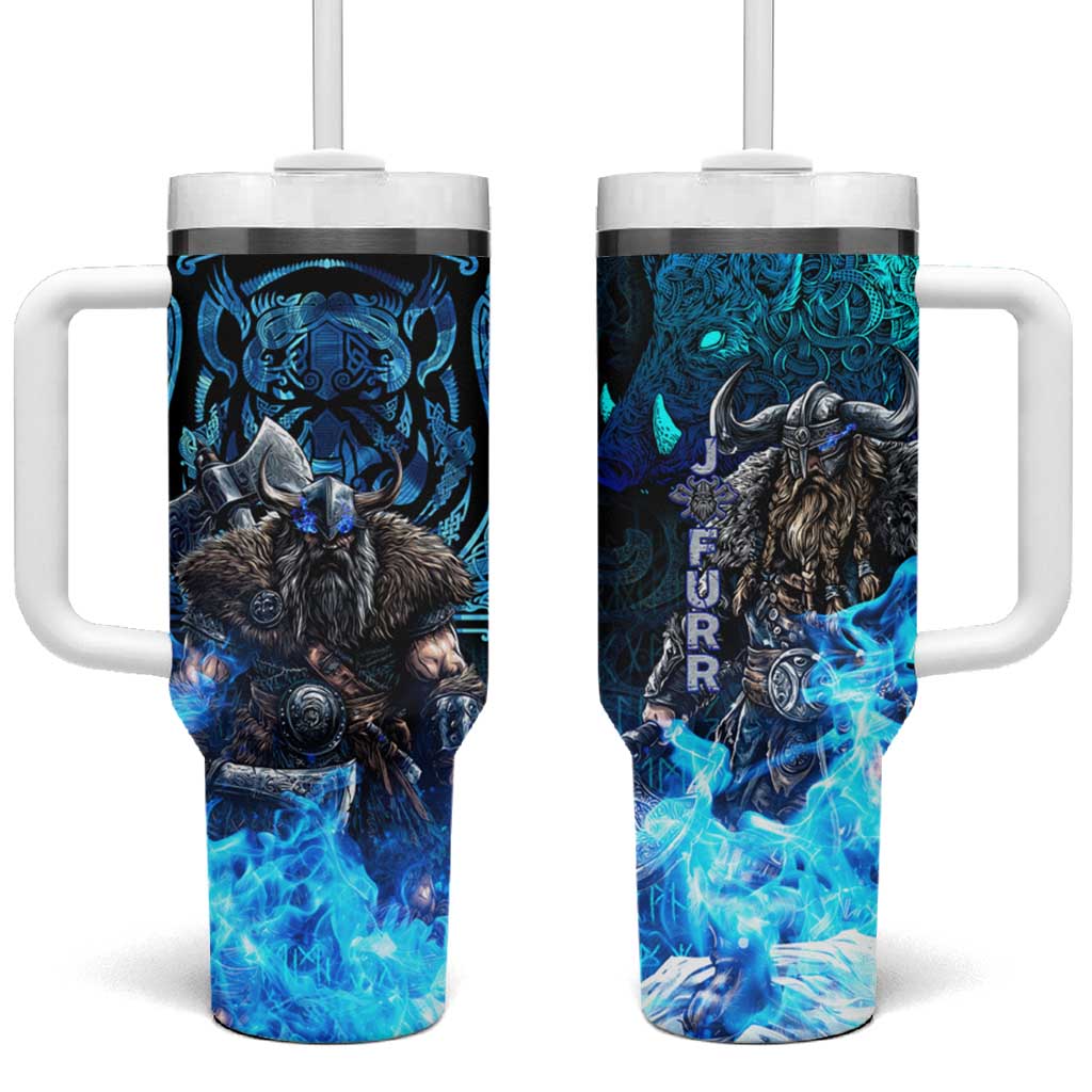 Jofurr Boar Warrior Viking Tumbler With Handle Frost Viking Runes Blue Flame
