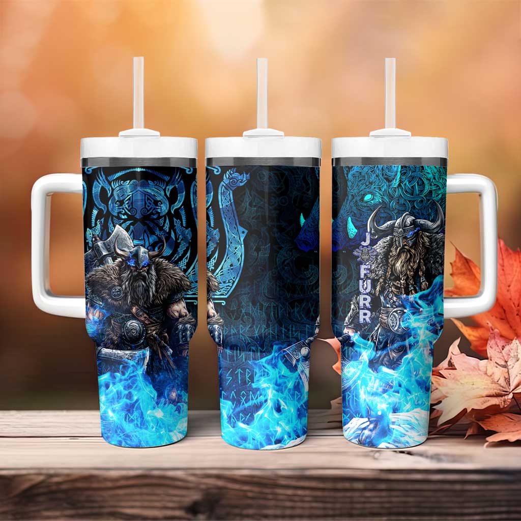Jofurr Boar Warrior Viking Tumbler With Handle Frost Viking Runes Blue Flame